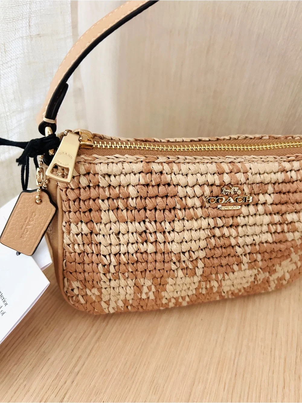 NWT🥨Coach Nolita 19 Gingham Print Tan Brown CEN00 Straw Shoulder Bag Wristlet